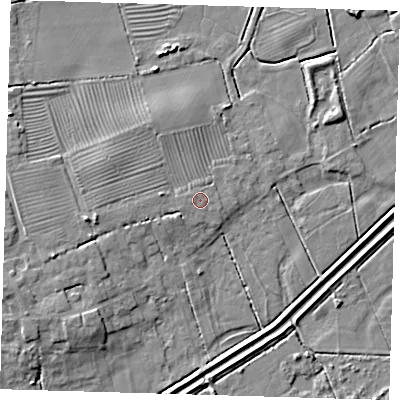 Shaded relief map of the ground around DN365PJ, computed from Environment Agency LiDAR. The ground here sits at about 4 m above sea level and falls 7 m across the surrounding 800 m. Surface water reaching this point runs off ground lying to the west, 0.6 m higher.