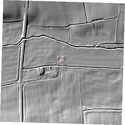 Shaded relief map of the ground around DN365PR, computed from Environment Agency LiDAR. The ground here sits at about 7 m above sea level and falls 10 m across the surrounding 800 m. Surface water reaching this point runs off ground lying to the south-west, 7.4 m higher.
