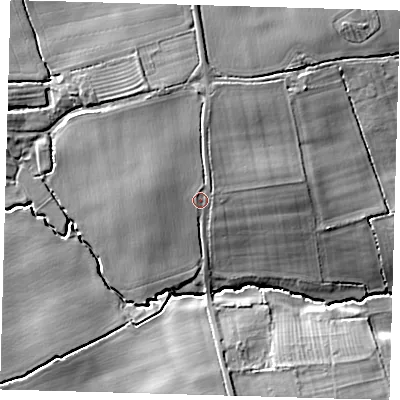 Shaded relief map of the ground around DN365PZ, computed from Environment Agency LiDAR. The ground here sits at about 15 m above sea level and falls 12 m across the surrounding 800 m. Surface water reaching this point runs off ground lying to the north, 3.5 m higher.