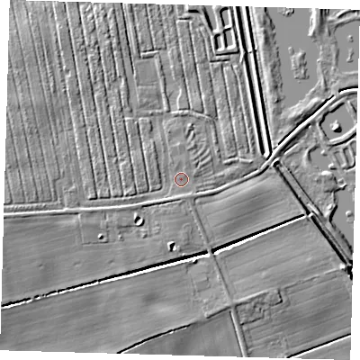 Shaded relief map of the ground around DN365QU, computed from Environment Agency LiDAR. The ground here sits at about 6 m above sea level and falls 9 m across the surrounding 800 m. Surface water reaching this point runs off ground lying to the west-south-west, 3.2 m higher.