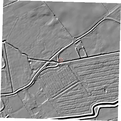 Shaded relief map of the ground around DN365QZ, computed from Environment Agency LiDAR. The ground here sits at about 2 m above sea level and falls 4 m across the surrounding 800 m. Surface water reaching this point runs off ground lying to the north-east, 3.6 m higher.