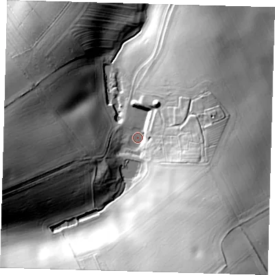Shaded relief map of the ground around DN365RR, computed from Environment Agency LiDAR. The ground here sits at about 53 m above sea level and falls 49 m across the surrounding 800 m. Surface water reaching this point runs off ground lying to the south-south-east, 39.4 m higher.
