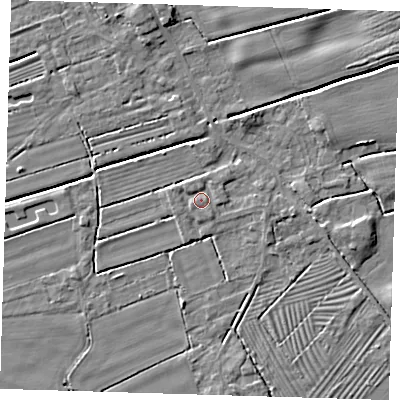 Shaded relief map of the ground around DN365SA, computed from Environment Agency LiDAR. The ground here sits at about 3 m above sea level and falls 4 m across the surrounding 800 m. Surface water reaching this point runs off ground lying to the north, 0.9 m higher.