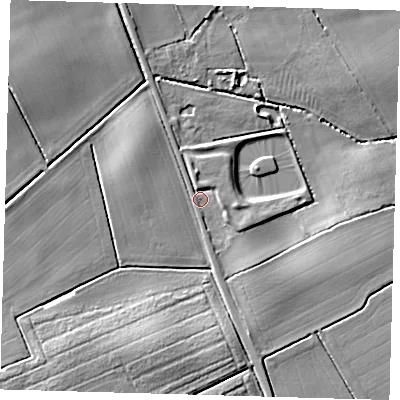 Shaded relief map of the ground around DN365SE, computed from Environment Agency LiDAR. The ground here sits at about 18 m above sea level and falls 10 m across the surrounding 800 m. Surface water reaching this point runs off ground lying to the south-east, 3.4 m higher.