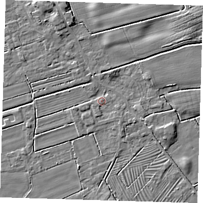 Shaded relief map of the ground around DN365SP, computed from Environment Agency LiDAR. The ground here sits at about 3 m above sea level and falls 5 m across the surrounding 800 m. Surface water reaching this point runs off ground lying to the north-east, 1.1 m higher.