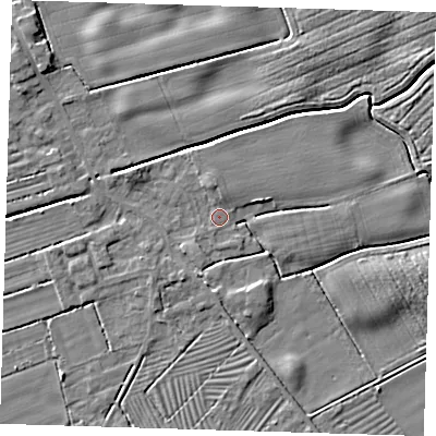 Shaded relief map of the ground around DN365SU, computed from Environment Agency LiDAR. The ground here sits at about 3 m above sea level and falls 4 m across the surrounding 800 m. Surface water reaching this point runs off ground lying to the east-north-east, 3.3 m higher.