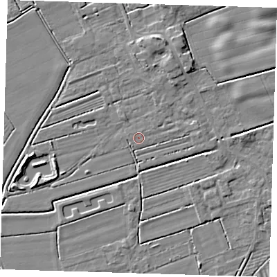 Shaded relief map of the ground around DN365TJ, computed from Environment Agency LiDAR. The ground here sits at about 2 m above sea level and falls 5 m across the surrounding 800 m. Surface water reaching this point runs off ground lying to the east-north-east, 1.7 m higher.