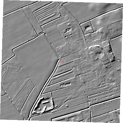 Shaded relief map of the ground around DN365TL, computed from Environment Agency LiDAR. The ground here sits at about 2 m above sea level and falls 5 m across the surrounding 800 m. Surface water reaching this point runs off ground lying to the east-north-east, 3.9 m higher.