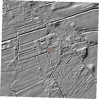 Shaded relief map of the ground around DN365TR, computed from Environment Agency LiDAR. The ground here sits at about 2 m above sea level and falls 4 m across the surrounding 800 m. Surface water reaching this point runs off ground lying to the north-east, 1.5 m higher.