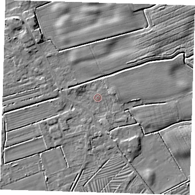 Shaded relief map of the ground around DN365TS, computed from Environment Agency LiDAR. The ground here sits at about 3 m above sea level and falls 5 m across the surrounding 800 m. Surface water reaching this point runs off ground lying to the east, 3.3 m higher.