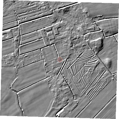 Shaded relief map of the ground around DN365TW, computed from Environment Agency LiDAR. The ground here sits at about 2 m above sea level and falls 4 m across the surrounding 800 m. Surface water reaching this point runs off ground lying to the north-north-west, 1.2 m higher.