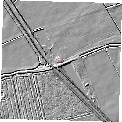 Shaded relief map of the ground around DN365TY, computed from Environment Agency LiDAR. The ground here sits at about 2 m above sea level and falls 4 m across the surrounding 800 m. Surface water reaching this point runs off ground lying to the south-west, 2.1 m higher.