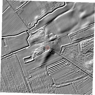 Shaded relief map of the ground around DN365UB, computed from Environment Agency LiDAR. The ground here sits at about 5 m above sea level and falls 5 m across the surrounding 800 m. Surface water reaching this point runs off ground lying to the north-east, 1.2 m higher.