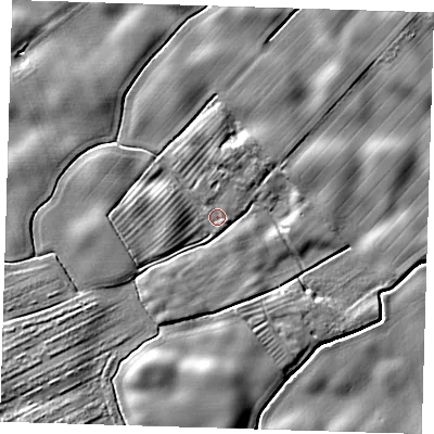 Shaded relief map of the ground around DN365UD, computed from Environment Agency LiDAR. The ground here sits at about 3 m above sea level and falls 6 m across the surrounding 800 m. Surface water reaching this point runs off ground lying to the north, 2.1 m higher.