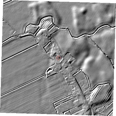 Shaded relief map of the ground around DN365UR, computed from Environment Agency LiDAR. The ground here sits at about 3 m above sea level and falls 5 m across the surrounding 800 m. Surface water reaching this point runs off ground lying to the north-east, 2.5 m higher.