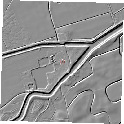 Shaded relief map of the ground around DN365UW, computed from Environment Agency LiDAR. The ground here sits at about 3 m above sea level and falls 5 m across the surrounding 800 m. Surface water reaching this point runs off ground lying to the south-east, 2.2 m higher.