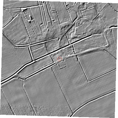 Shaded relief map of the ground around DN365UY, computed from Environment Agency LiDAR. The ground here sits at about 2 m above sea level and falls 4 m across the surrounding 800 m. Surface water reaching this point runs off ground lying to the south-west, 1.8 m higher.