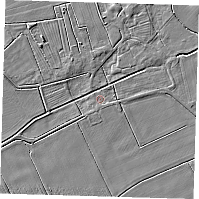 Shaded relief map of the ground around DN365XD, computed from Environment Agency LiDAR. The ground here sits at about 2 m above sea level and falls 4 m across the surrounding 800 m. Surface water reaching this point runs off ground lying to the north-east, 2.6 m higher.