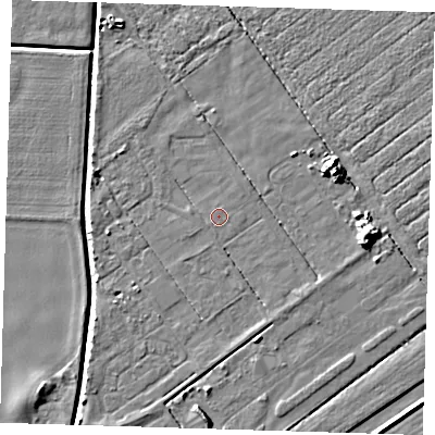 Shaded relief map of the ground around DN365XU, computed from Environment Agency LiDAR. The ground here sits at about 3 m above sea level and falls 8 m across the surrounding 800 m. The ground contributing surface water to this point lies to the south-west.