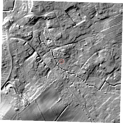 Shaded relief map of the ground around DN370ER, computed from Environment Agency LiDAR. The ground here sits at about 14 m above sea level and falls 20 m across the surrounding 800 m. Surface water reaching this point runs off ground lying to the south-west, 18.5 m higher.