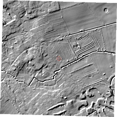 Shaded relief map of the ground around DN370EY, computed from Environment Agency LiDAR. The ground here sits at about 15 m above sea level and falls 11 m across the surrounding 800 m. Surface water reaching this point runs off ground lying to the north-west, 1.3 m higher.