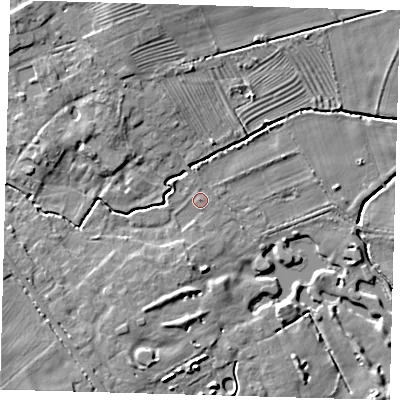 Shaded relief map of the ground around DN370HB, computed from Environment Agency LiDAR. The ground here sits at about 13 m above sea level and falls 10 m across the surrounding 800 m. Surface water reaching this point runs off ground lying to the south-west, 8.6 m higher.