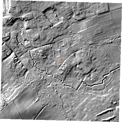 Shaded relief map of the ground around DN370HD, computed from Environment Agency LiDAR. The ground here sits at about 15 m above sea level and falls 19 m across the surrounding 800 m. Surface water reaching this point runs off ground lying to the north-east, 3.1 m higher.