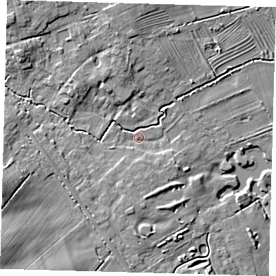 Shaded relief map of the ground around DN370LD, computed from Environment Agency LiDAR. The ground here sits at about 13 m above sea level and falls 16 m across the surrounding 800 m. Surface water reaching this point runs off ground lying to the south-west, 14.2 m higher.
