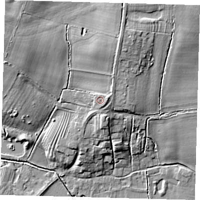 Shaded relief map of the ground around DN370RF, computed from Environment Agency LiDAR. The ground here sits at about 26 m above sea level and falls 16 m across the surrounding 800 m. Surface water reaching this point runs off ground lying to the east-north-east, 2.1 m higher.