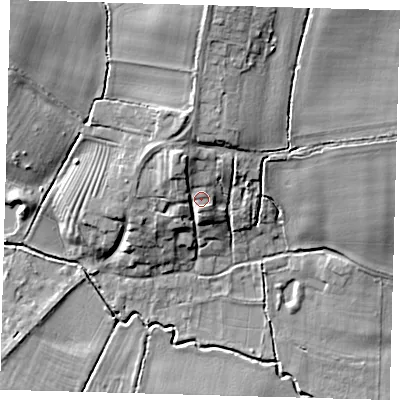 Shaded relief map of the ground around DN370RH, computed from Environment Agency LiDAR. The ground here sits at about 22 m above sea level and falls 16 m across the surrounding 800 m. Surface water reaching this point runs off ground lying to the north-north-west, 5.7 m higher.