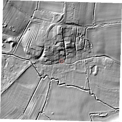 Shaded relief map of the ground around DN370RJ, computed from Environment Agency LiDAR. The ground here sits at about 17 m above sea level and falls 13 m across the surrounding 800 m. Surface water reaching this point runs off ground lying to the north, 9.7 m higher.