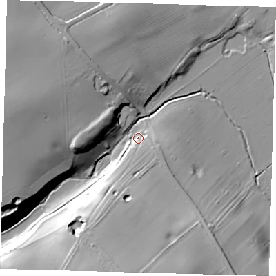 Shaded relief map of the ground around DN370SG, computed from Environment Agency LiDAR. The ground here sits at about 30 m above sea level and falls 32 m across the surrounding 800 m. Surface water reaching this point runs off ground lying to the south, 27.2 m higher.