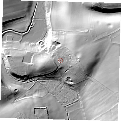 Shaded relief map of the ground around DN370SR, computed from Environment Agency LiDAR. The ground here sits at about 62 m above sea level and falls 33 m across the surrounding 800 m. Surface water reaching this point runs off ground lying to the east-north-east, 12.2 m higher.