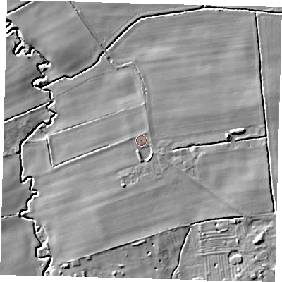 Shaded relief map of the ground around DN377EF, computed from Environment Agency LiDAR. The ground here sits at about 16 m above sea level and falls 10 m across the surrounding 800 m. Surface water reaching this point runs off ground lying to the south-east, 2.9 m higher.
