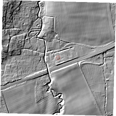 Shaded relief map of the ground around DN377WA, computed from Environment Agency LiDAR. The ground here sits at about 12 m above sea level and falls 11 m across the surrounding 800 m. Surface water reaching this point runs off ground lying to the south-south-east, 2.1 m higher.