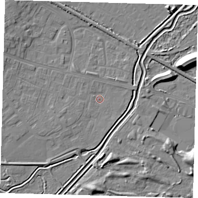 Shaded relief map of the ground around DN379AA, computed from Environment Agency LiDAR. The ground here sits at about 3 m above sea level and falls 12 m across the surrounding 800 m. Surface water reaching this point runs off ground lying to the south-west, 1.8 m higher.