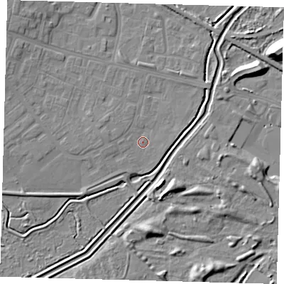 Shaded relief map of the ground around DN379AB, computed from Environment Agency LiDAR. The ground here sits at about 4 m above sea level and falls 12 m across the surrounding 800 m. Surface water reaching this point runs off ground lying to the west, 1.4 m higher.