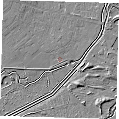 Shaded relief map of the ground around DN379AD, computed from Environment Agency LiDAR. The ground here sits at about 4 m above sea level and falls 7 m across the surrounding 800 m. Surface water reaching this point runs off ground lying to the north-north-east, 1.0 m higher.
