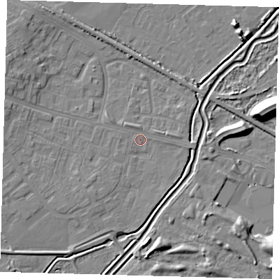 Shaded relief map of the ground around DN379AE, computed from Environment Agency LiDAR. The ground here sits at about 3 m above sea level and falls 12 m across the surrounding 800 m. Surface water reaching this point runs off ground lying to the west-north-west, 5.6 m higher.