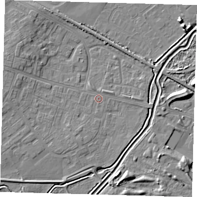 Shaded relief map of the ground around DN379AF, computed from Environment Agency LiDAR. The ground here sits at about 3 m above sea level and falls 9 m across the surrounding 800 m. Surface water reaching this point runs off ground lying to the north-west, 5.6 m higher.