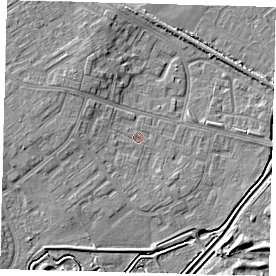 Shaded relief map of the ground around DN379AH, computed from Environment Agency LiDAR. The ground here sits at about 4 m above sea level and falls 7 m across the surrounding 800 m. Surface water reaching this point runs off ground lying to the west-north-west, 2.8 m higher.