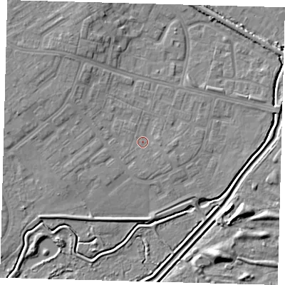 Shaded relief map of the ground around DN379AJ, computed from Environment Agency LiDAR. The ground here sits at about 4 m above sea level and falls 7 m across the surrounding 800 m. Surface water reaching this point runs off ground lying to the west-north-west, 2.2 m higher.