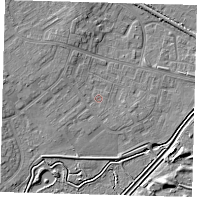 Shaded relief map of the ground around DN379AL, computed from Environment Agency LiDAR. The ground here sits at about 4 m above sea level and falls 7 m across the surrounding 800 m. Surface water reaching this point runs off ground lying to the north-west, 2.0 m higher.