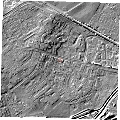 Shaded relief map of the ground around DN379AN, computed from Environment Agency LiDAR. The ground here sits at about 4 m above sea level and falls 7 m across the surrounding 800 m. Surface water reaching this point runs off ground lying to the north-north-west, 3.7 m higher.
