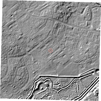 Shaded relief map of the ground around DN379AP, computed from Environment Agency LiDAR. The ground here sits at about 5 m above sea level and falls 6 m across the surrounding 800 m. The ground contributing surface water to this point lies to the west-north-west.