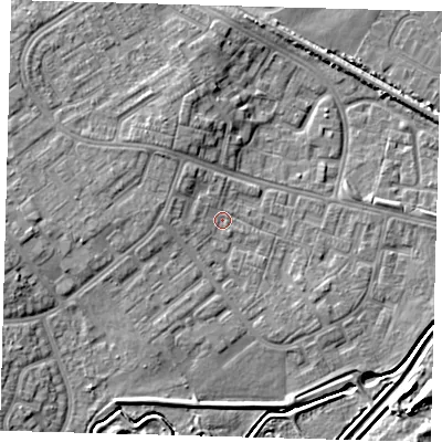 Shaded relief map of the ground around DN379AR, computed from Environment Agency LiDAR. The ground here sits at about 4 m above sea level and falls 7 m across the surrounding 800 m. Surface water reaching this point runs off ground lying to the north-west, 2.1 m higher.