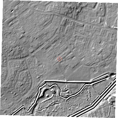 Shaded relief map of the ground around DN379AS, computed from Environment Agency LiDAR. The ground here sits at about 5 m above sea level and falls 6 m across the surrounding 800 m. Surface water reaching this point runs off ground lying to the east-north-east, 0.5 m higher.