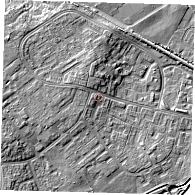 Shaded relief map of the ground around DN379AW, computed from Environment Agency LiDAR. The ground here sits at about 5 m above sea level and falls 6 m across the surrounding 800 m. Surface water reaching this point runs off ground lying to the north, 2.2 m higher.