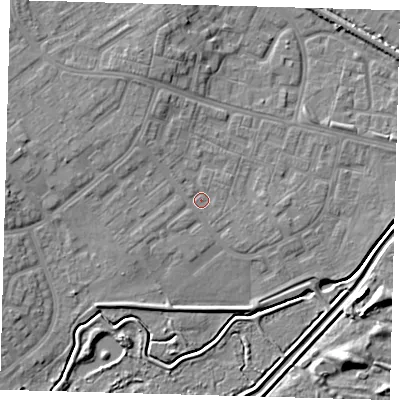 Shaded relief map of the ground around DN379AY, computed from Environment Agency LiDAR. The ground here sits at about 4 m above sea level and falls 7 m across the surrounding 800 m. Surface water reaching this point runs off ground lying to the north-west, 2.0 m higher.