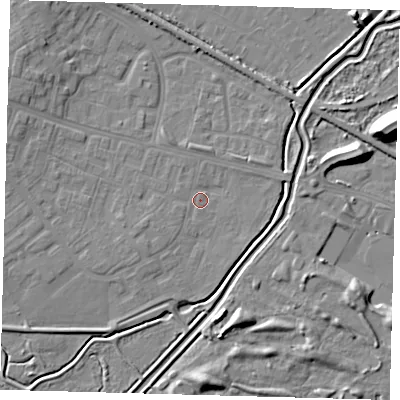 Shaded relief map of the ground around DN379BD, computed from Environment Agency LiDAR. The ground here sits at about 3 m above sea level and falls 12 m across the surrounding 800 m. Surface water reaching this point runs off ground lying to the west-south-west, 2.3 m higher.